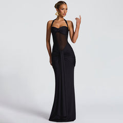 Sheer Mesh Halter Neck Ribbon Midi Dress