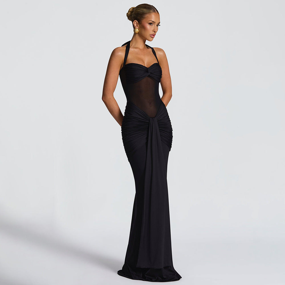 Sheer Mesh Halter Neck Ribbon Midi Dress