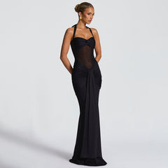 Sheer Mesh Halter Neck Ribbon Midi Dress
