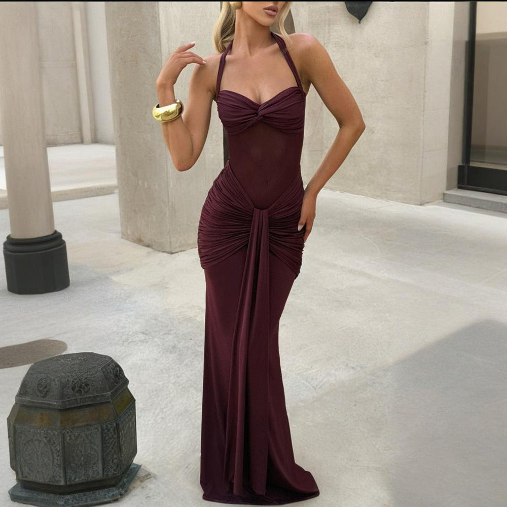 Sheer Mesh Halter Neck Ribbon Midi Dress