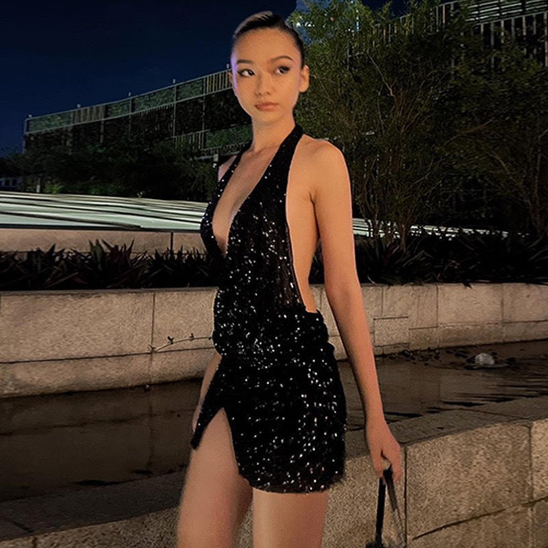 Sequined Halter Neck Slit  Dress
