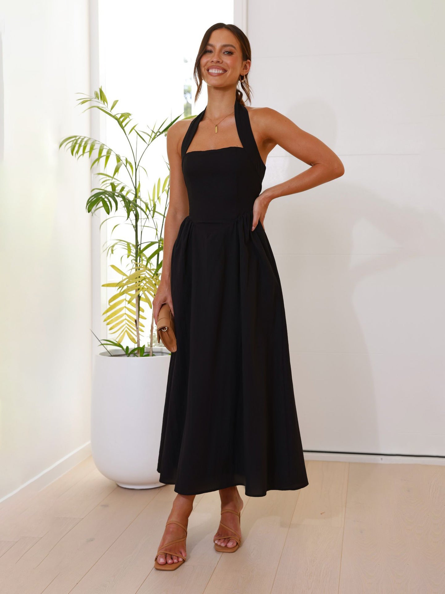 Square Neck Waist Halter Dress