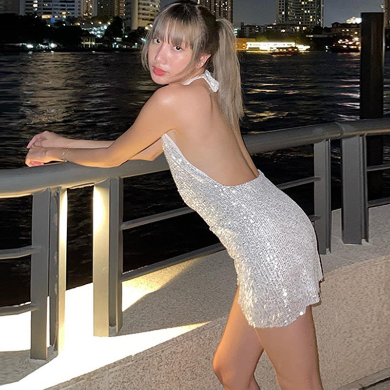 Sequined Halter Neck Slit Mini Dress
