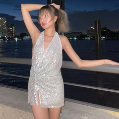 Sequined Halter Neck Slit  Dress