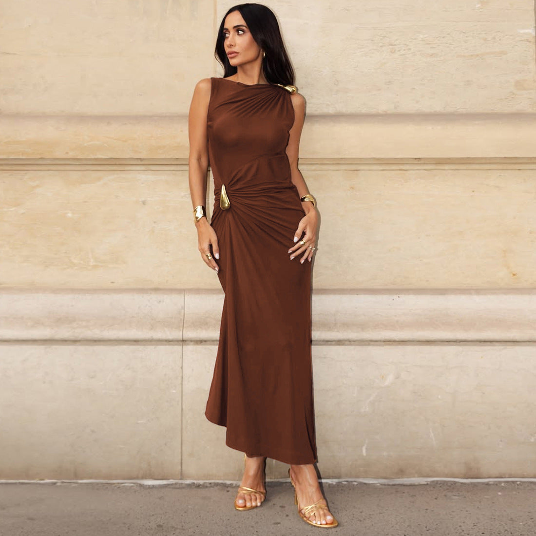 Metal Embellished Pleated Midi Dress