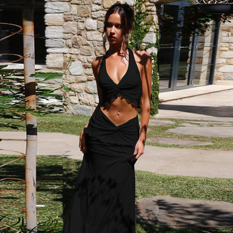 Cutout Pleated Halter Neck Midi Dress