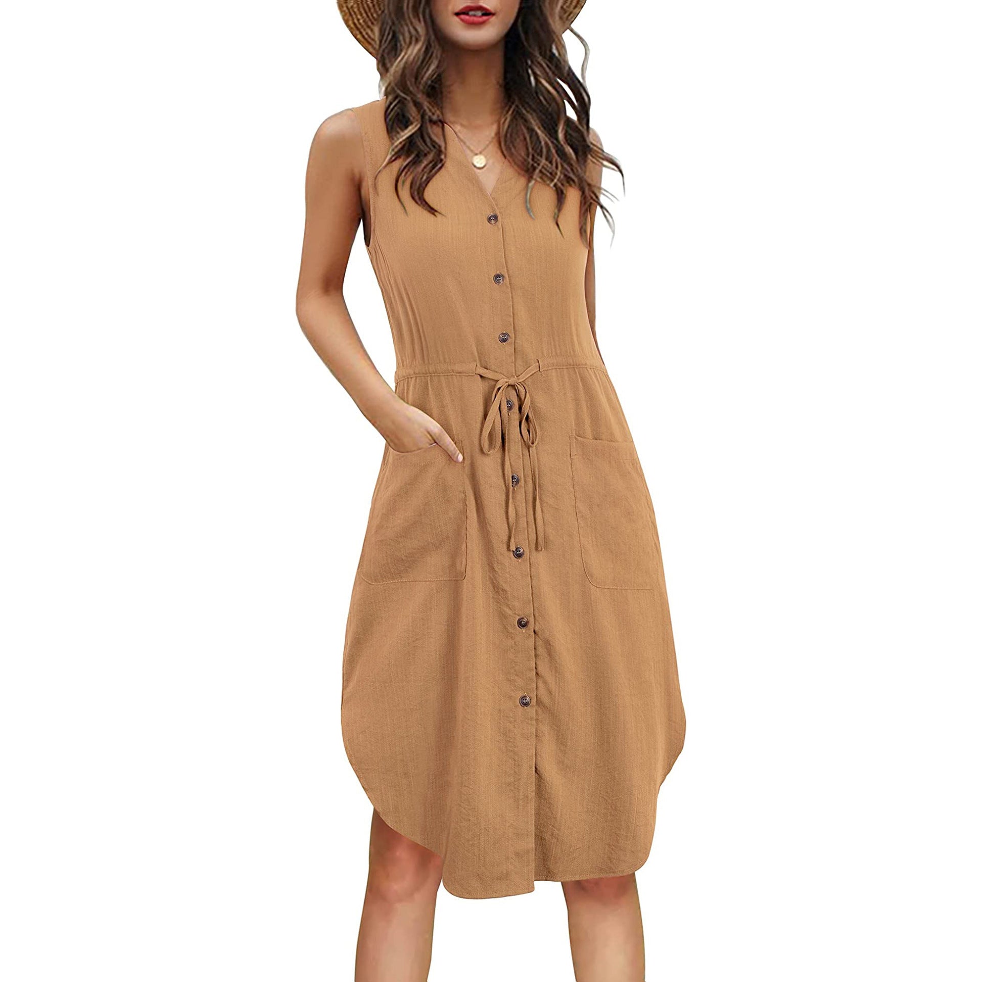 Sleeveless V-Neck Button-Up Pocket Dress