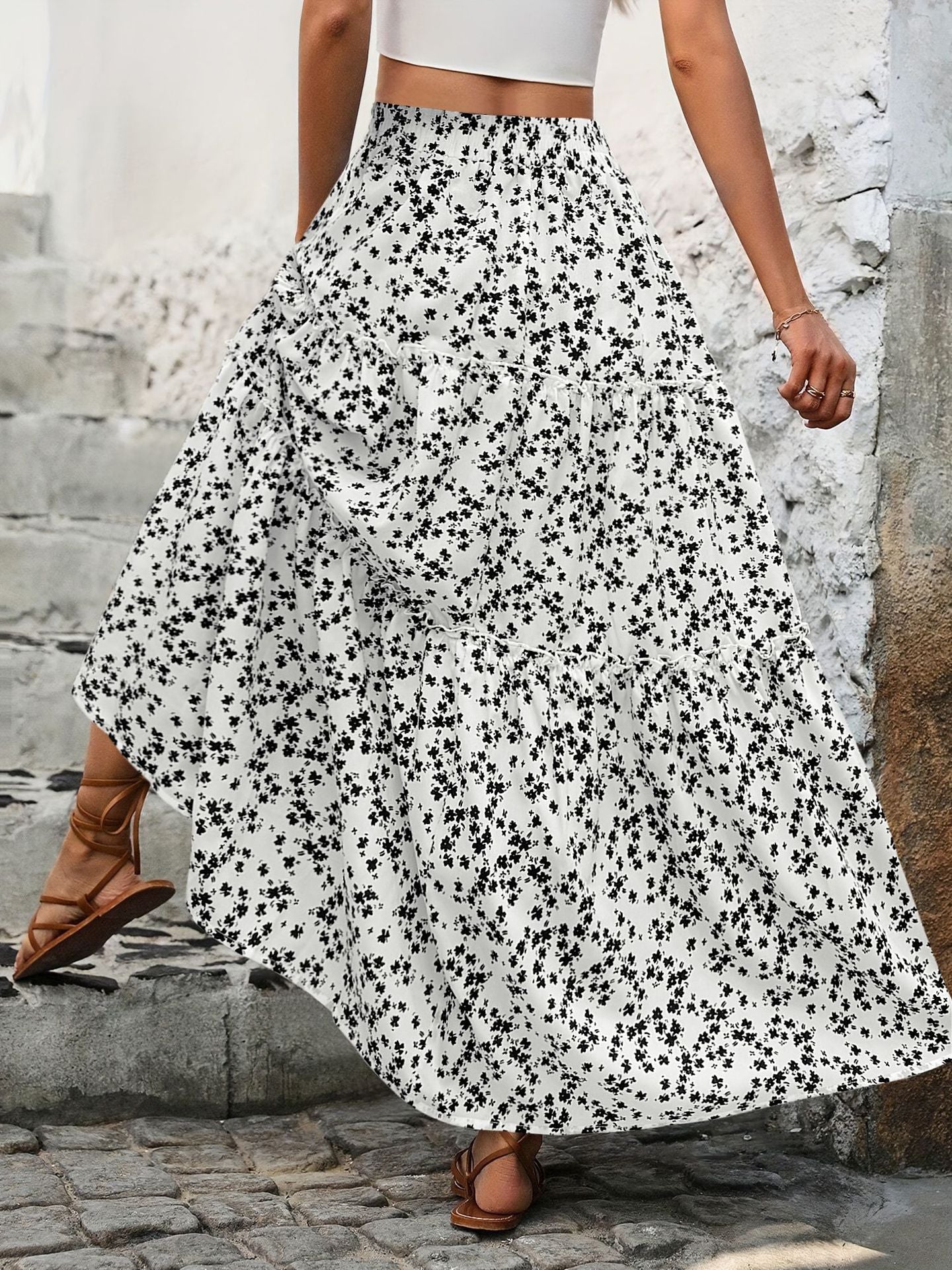 Small Floral Three-Layer Splicing Long Skirt