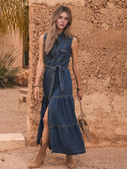 Blue Denim Single-Breasted Multi-Button Long Dress