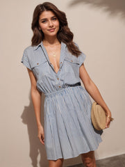 Short-Sleeved Blue striped Lapel Shirt Dress