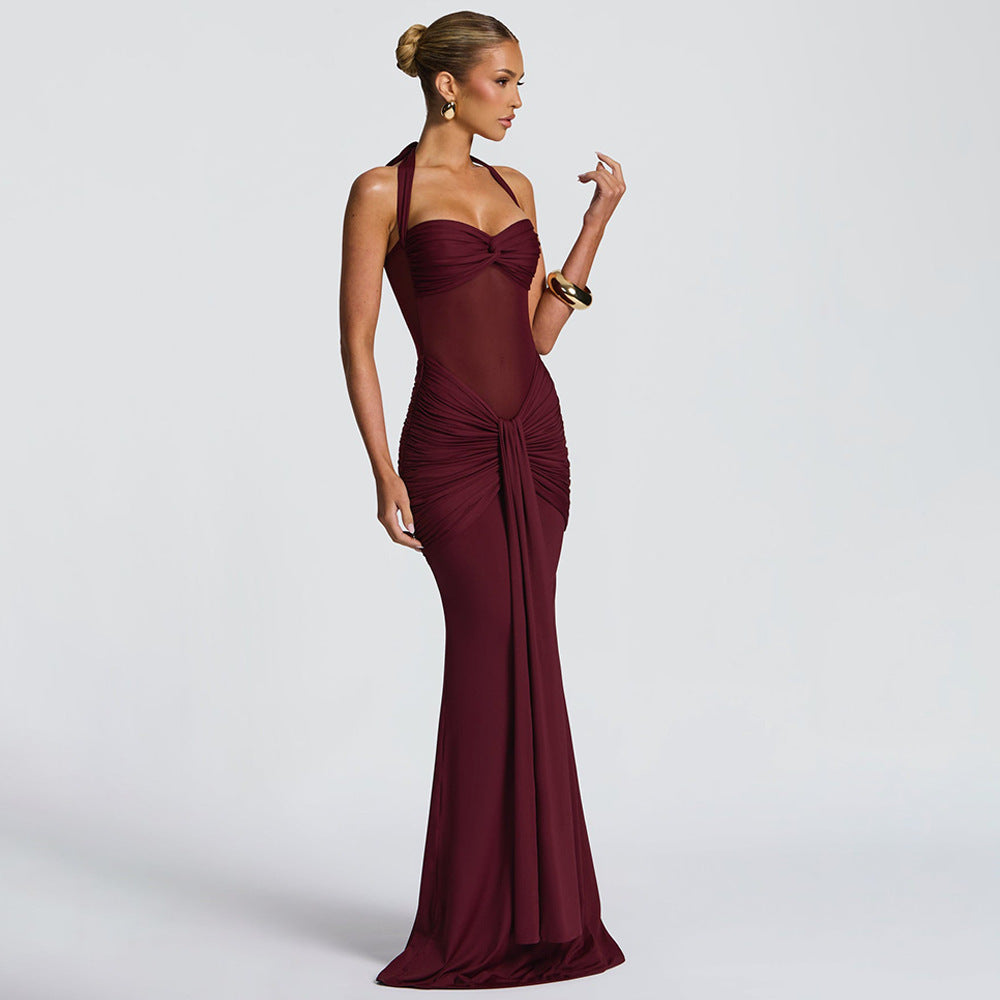 Sheer Mesh Halter Neck Ribbon Midi Dress