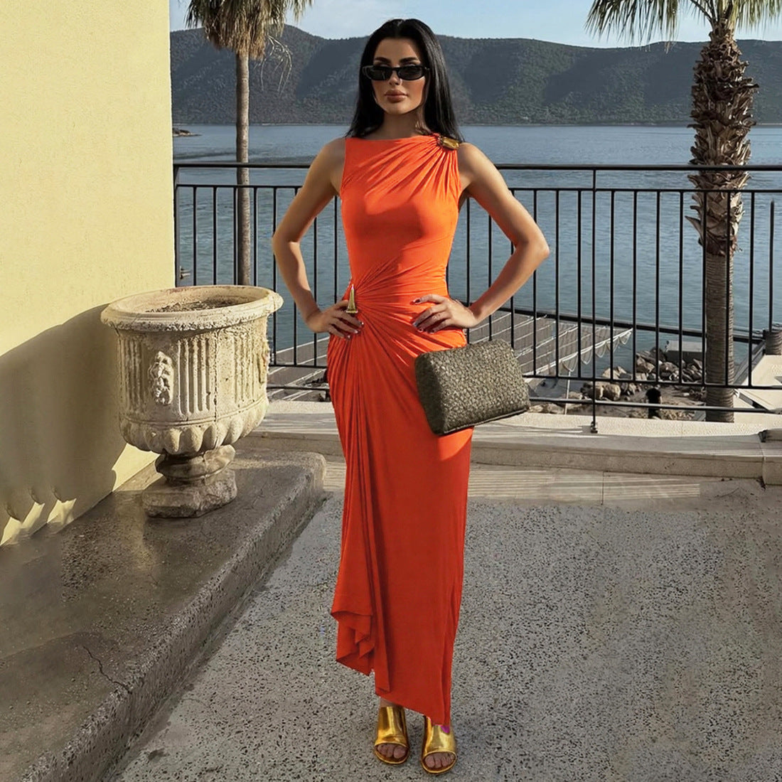 Metal Embellished Pleated Midi Dress