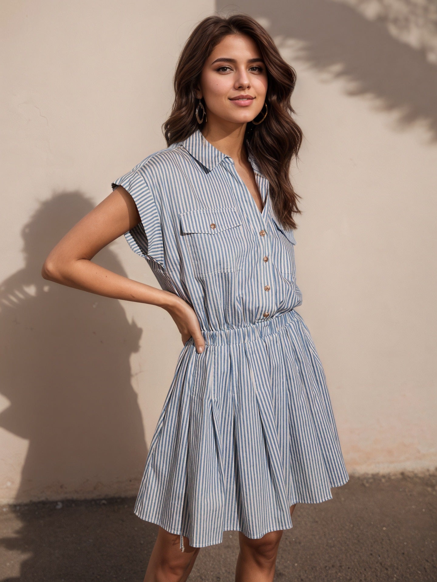 Short-Sleeved Blue striped Lapel Shirt Dress