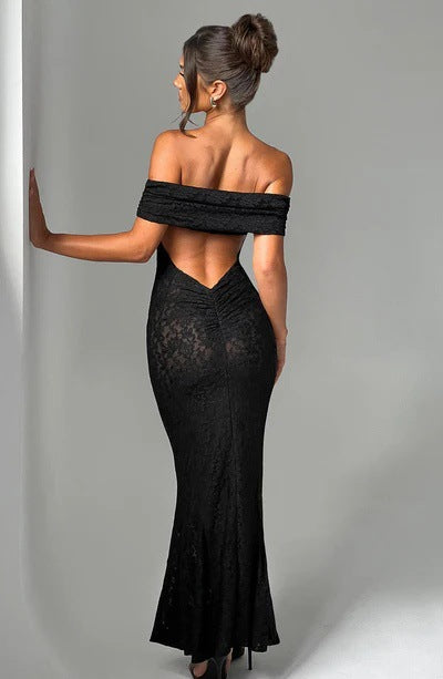 Cold Shoulder Backless Lace Midi Dress