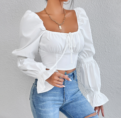 Ruched Bust Knot Gather Sleeve Crop Top