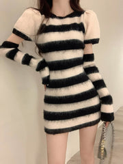 Fuzzy Striped Sweater Dress with Sleeves