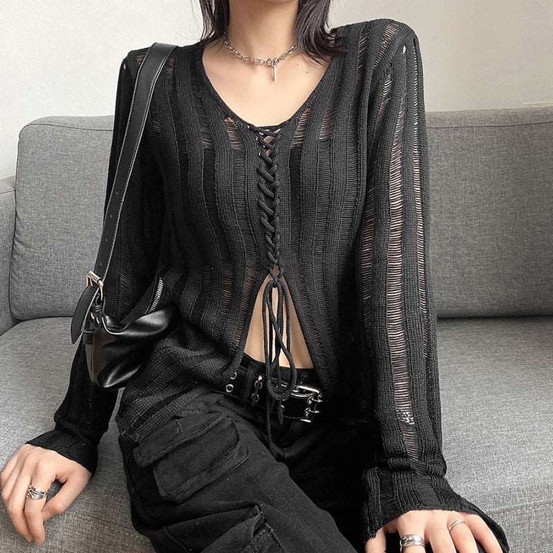 Distressed Knitwear Lace-Up Top