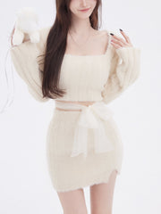 Fuzzy Two-Piece Bow Skirt Set