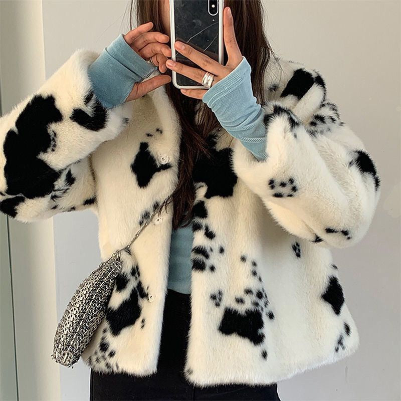 Speckled Cow Faux Fur Coat