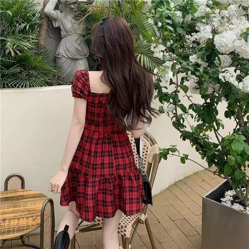 Puff Sleeve Plaid Dress