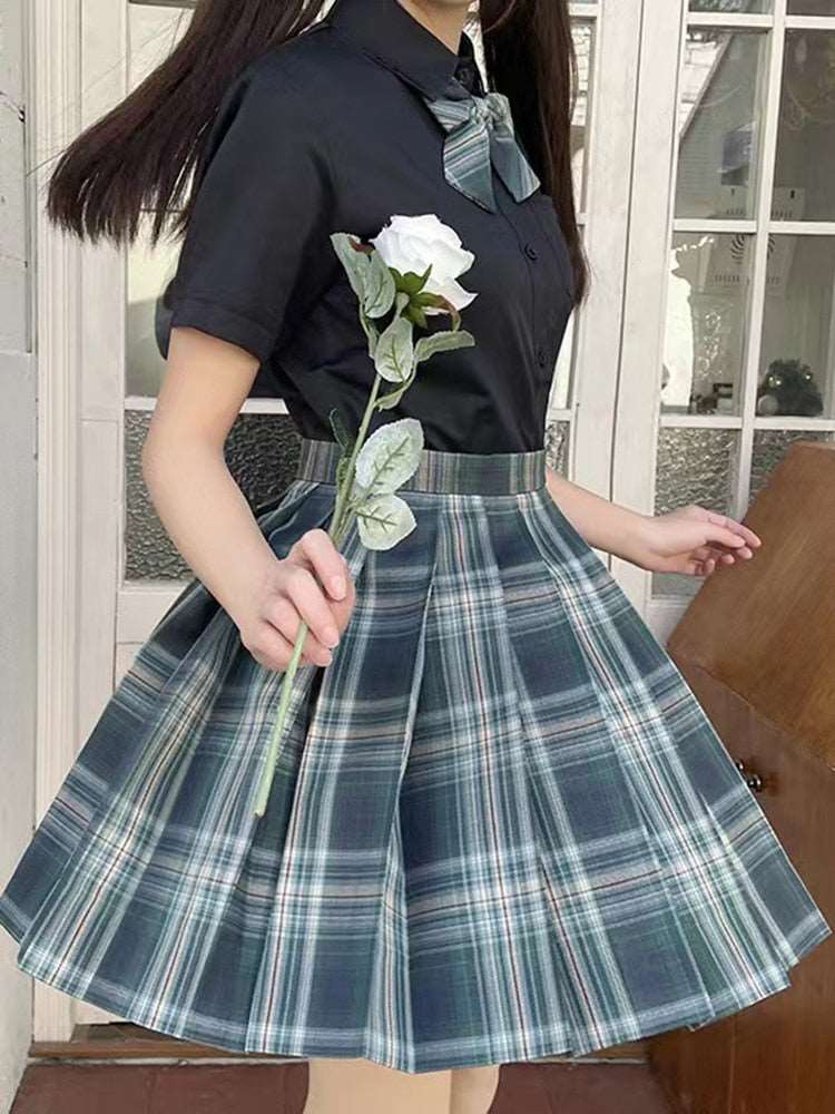 Dark-Style Plaid Pleated Skirt with Matching Bow