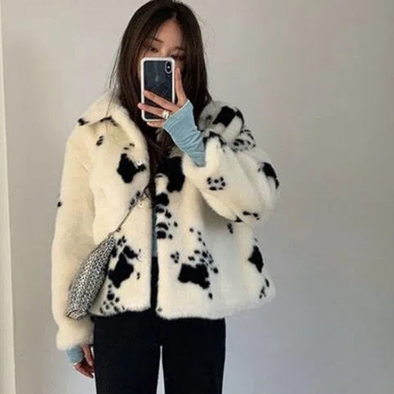 Speckled Cow Faux Fur Coat