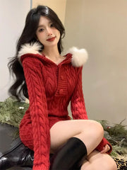 Frosty Hooded Knit Sweater Dress