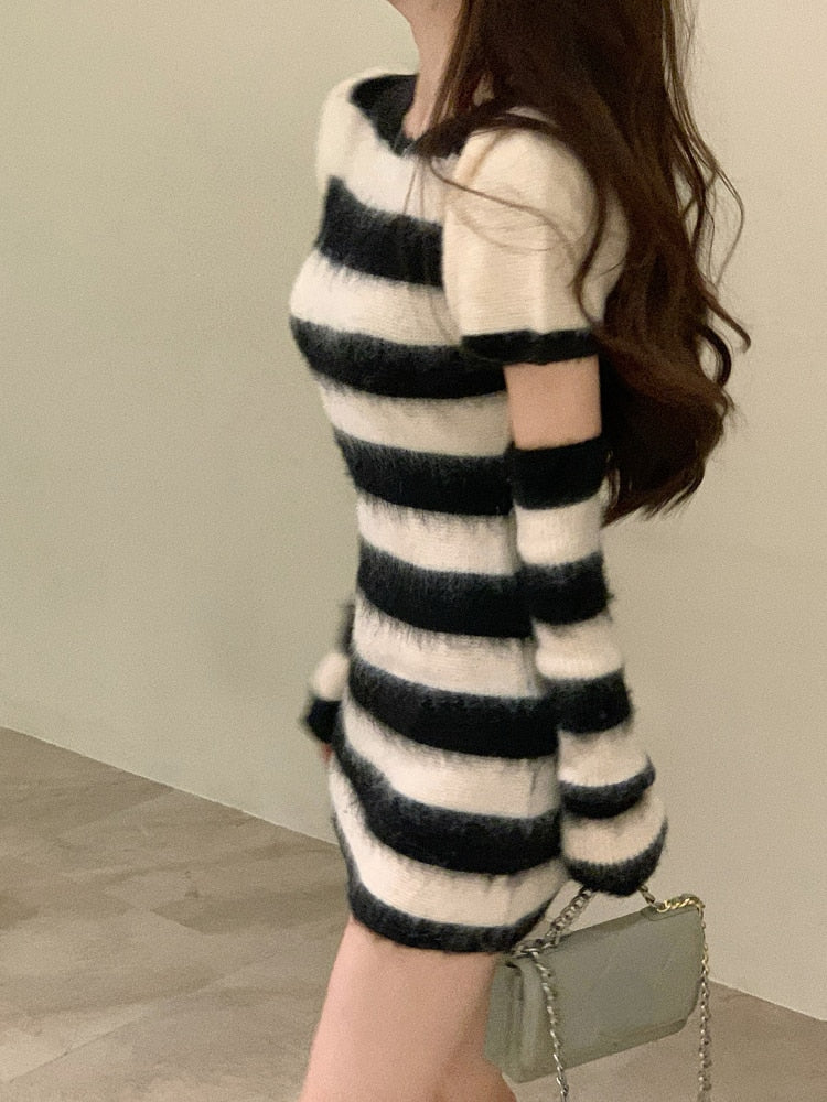 Fuzzy Striped Sweater Dress with Sleeves