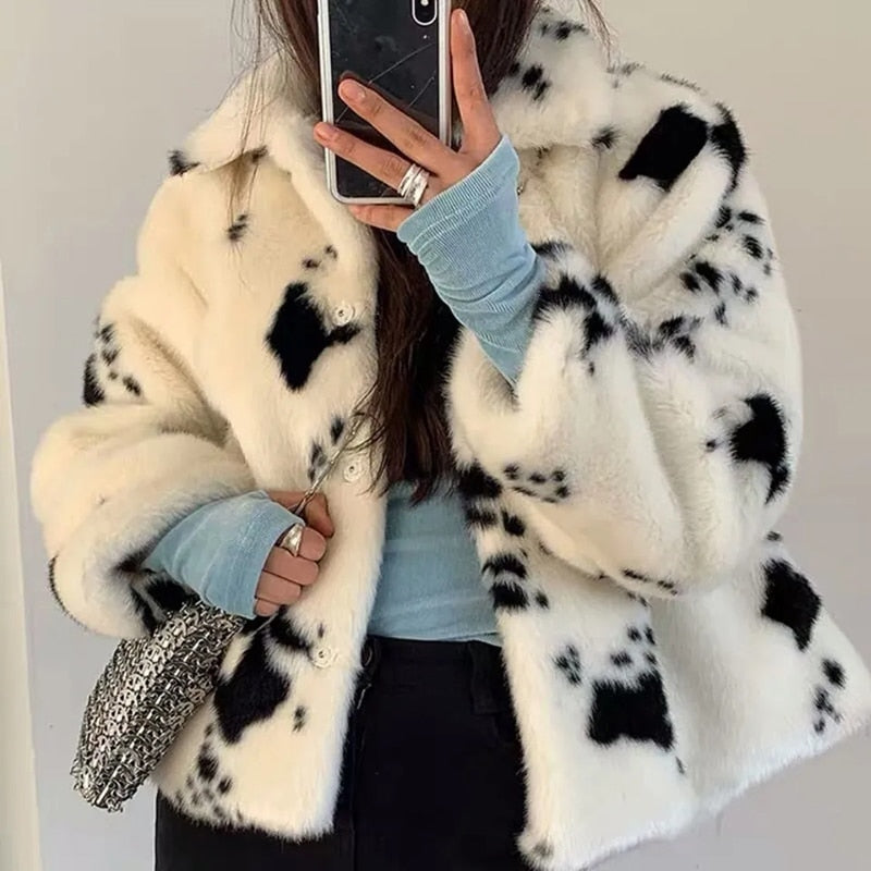 Speckled Cow Faux Fur Coat