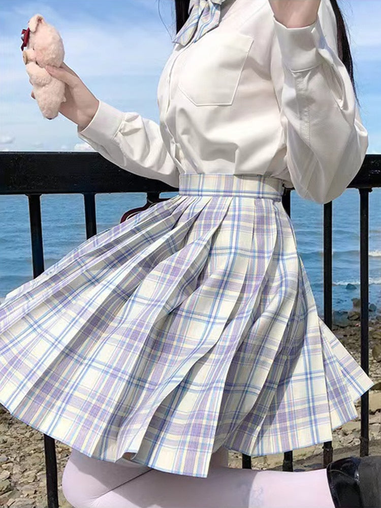 Light-Style Plaid Pleated Skirt with Matching Bow