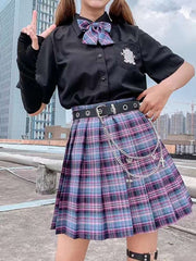 Dark-Style Plaid Pleated Skirt with Matching Bow