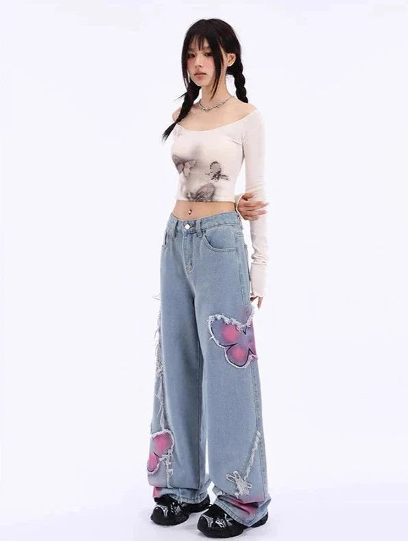 Distressed Pink Butterfly Jeans