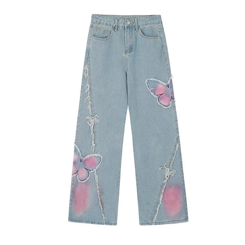 Distressed Pink Butterfly Jeans