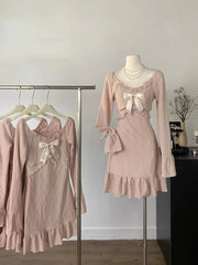 Sweet Pink Flare Sleeve Bow Dress