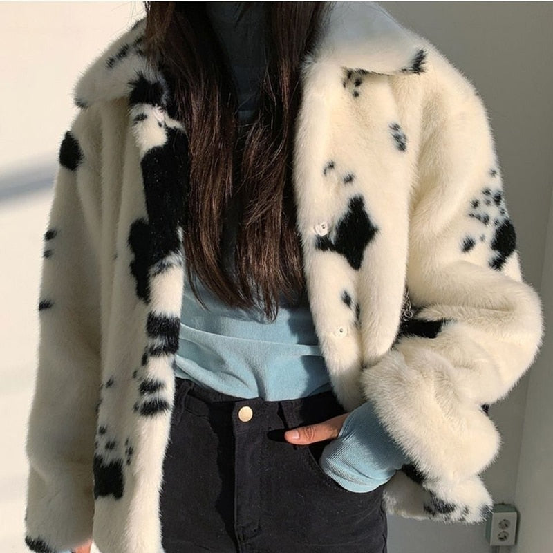 Speckled Cow Faux Fur Coat