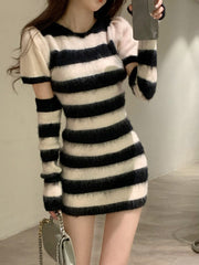 Fuzzy Striped Sweater Dress with Sleeves