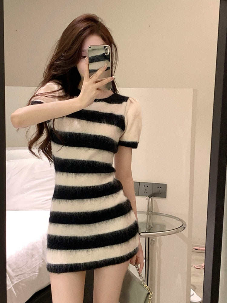 Fuzzy Striped Sweater Dress with Sleeves