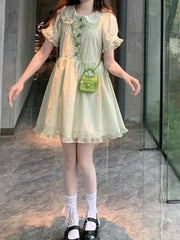 Gestreiftes Harajuku-Spitzenkleid mit Schleife