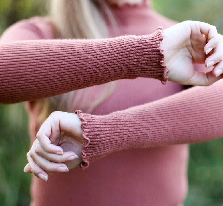 Ribbed Lettuce-Edge Mock Neck Top