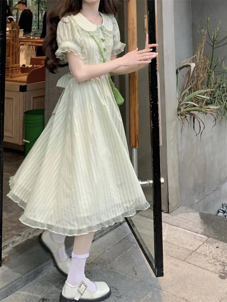 Gestreiftes Harajuku-Spitzenkleid mit Schleife