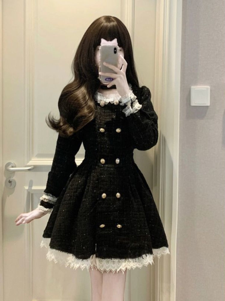 Lace Trim Double-Breasted Coat Dress