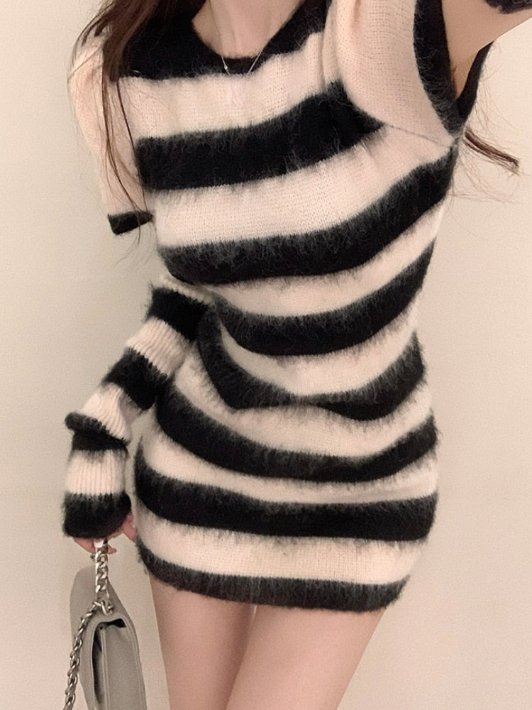 Fuzzy Striped Sweater Dress with Sleeves