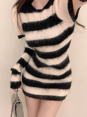 Fuzzy Striped Sweater Dress with Sleeves