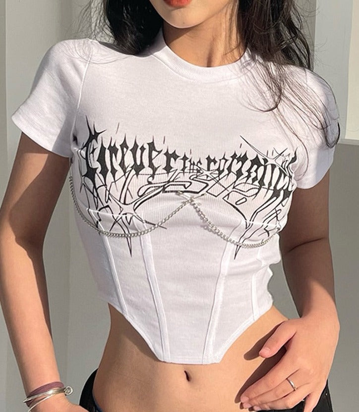 Graphic Corset Style Chain Crop Top