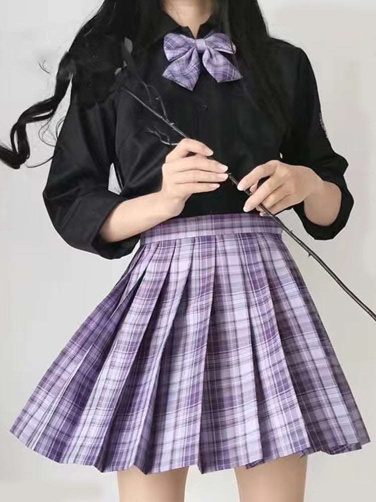 Dark-Style Plaid Pleated Skirt with Matching Bow