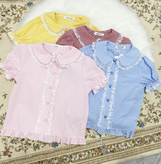 Kawaii Lace Ruffles Gingham Short Sleeve Blouse