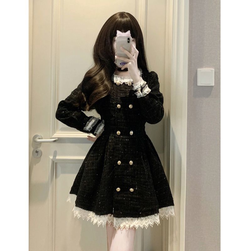 Lace Trim Double-Breasted Coat Dress