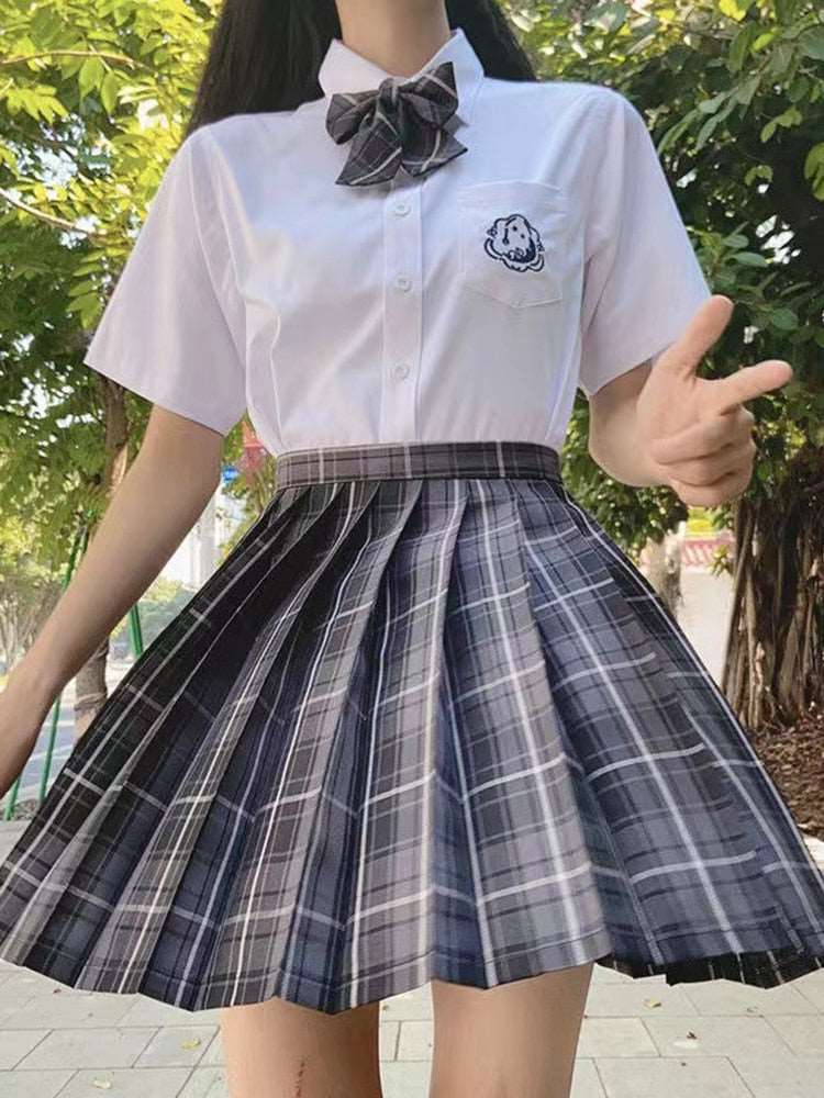 Dark-Style Plaid Pleated Skirt with Matching Bow