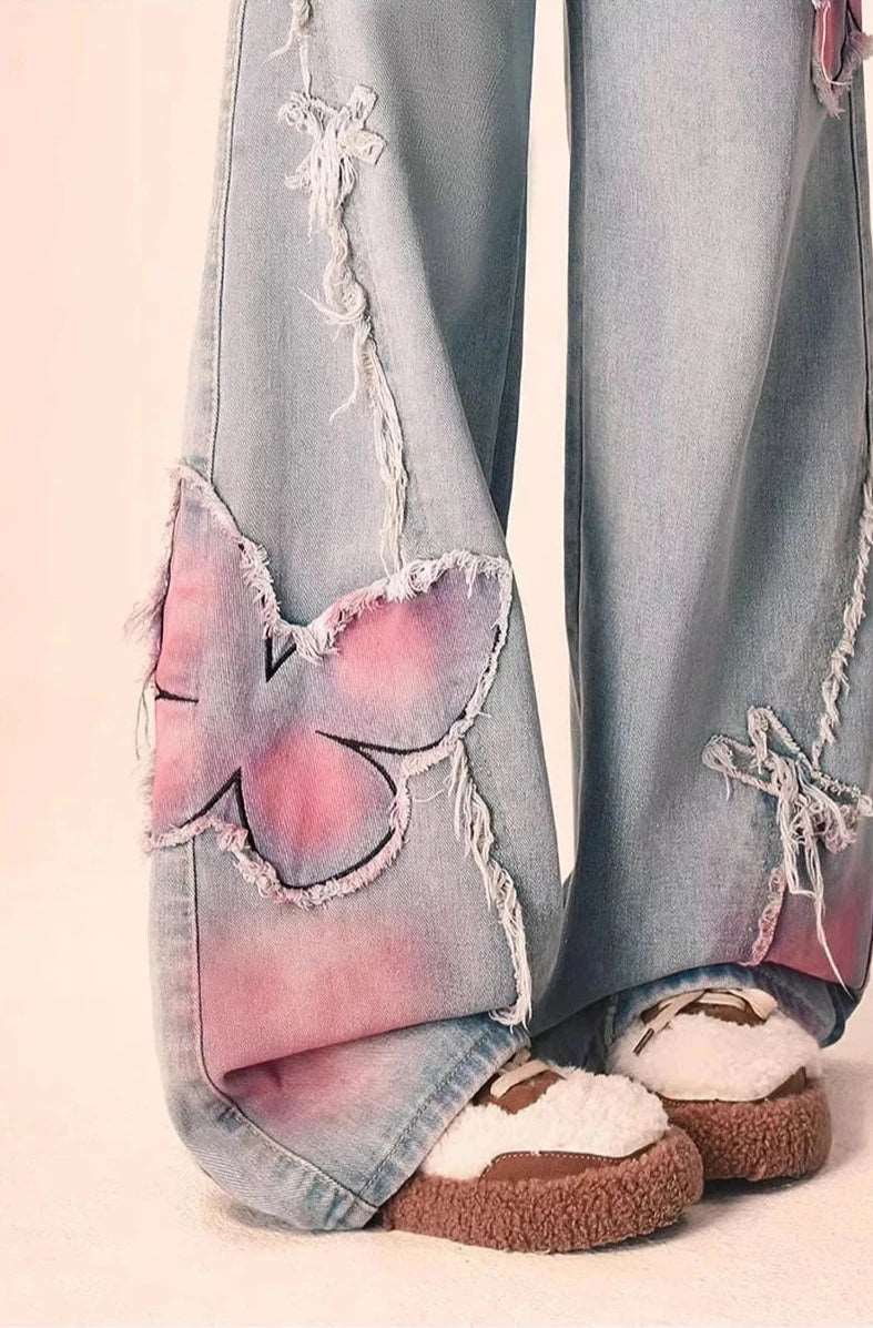 Distressed Pink Butterfly Jeans