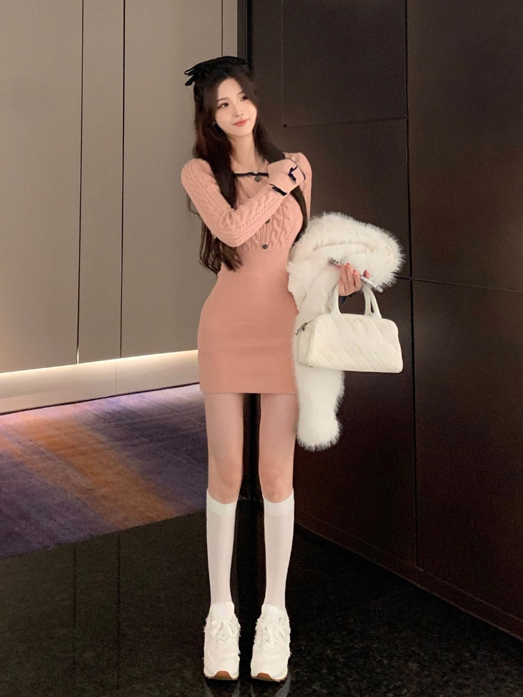 Kawaii Knitted Bow Sleeve Dress